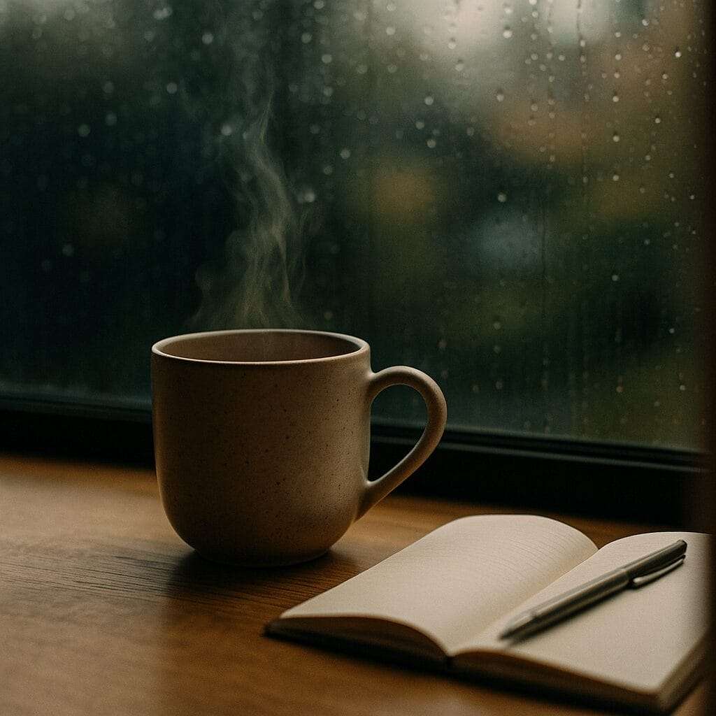 A steaming mug beside an open notebook on a wooden table near a rain-speckled window, symbolizing calm reflection and the quiet work of healing.