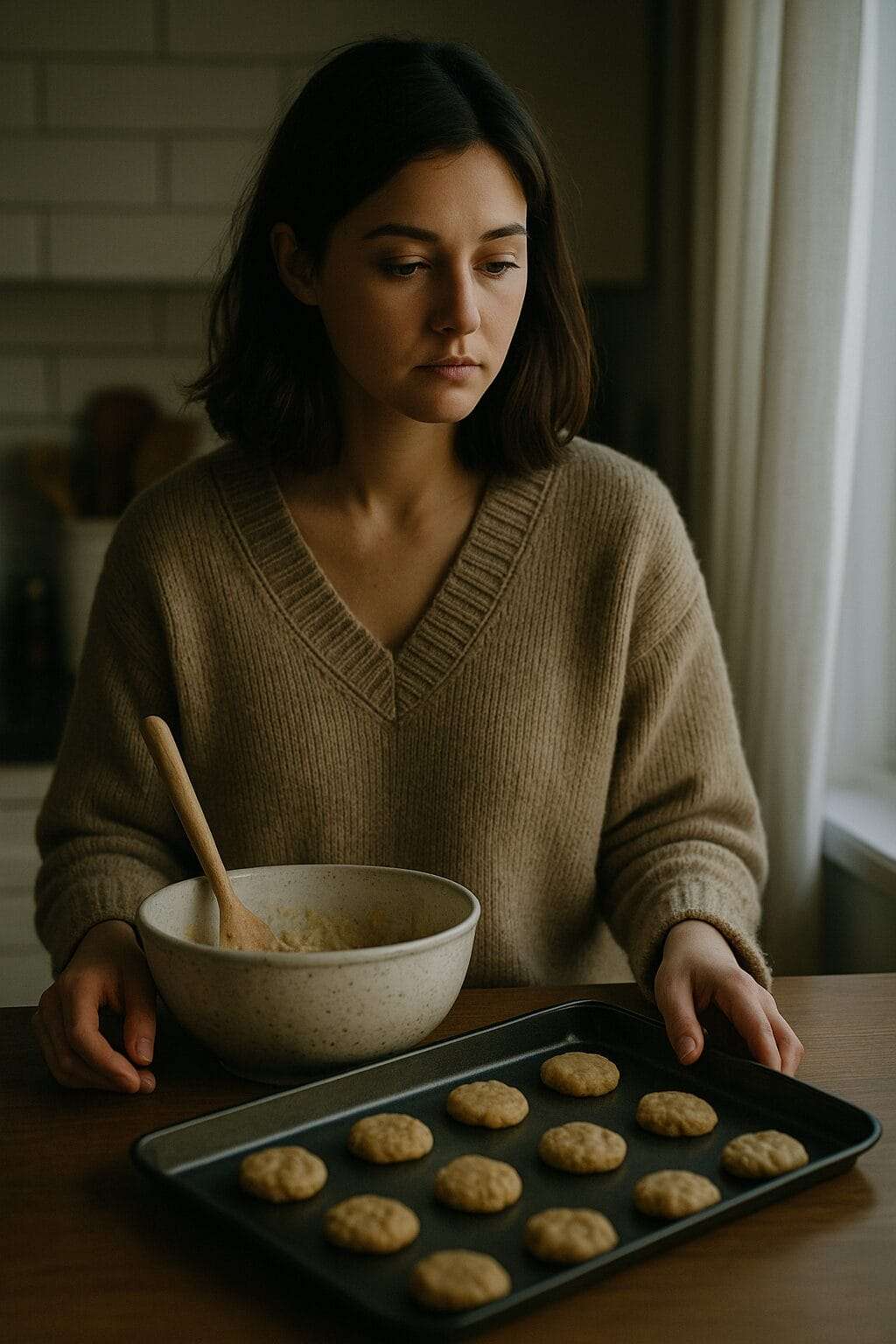 A woman pauses mid-baking, eyes distant as sunlight filters into her kitchen, symbolizing unexpected grief surfacing through an ordinary moment.