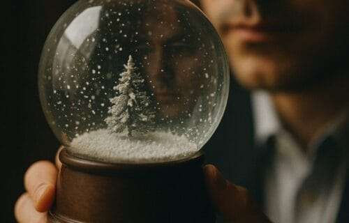 A leader’s reflection seen in a snow globe swirling with snow around a single tree, symbolizing inner stillness and emotional honesty beneath professional composure.
