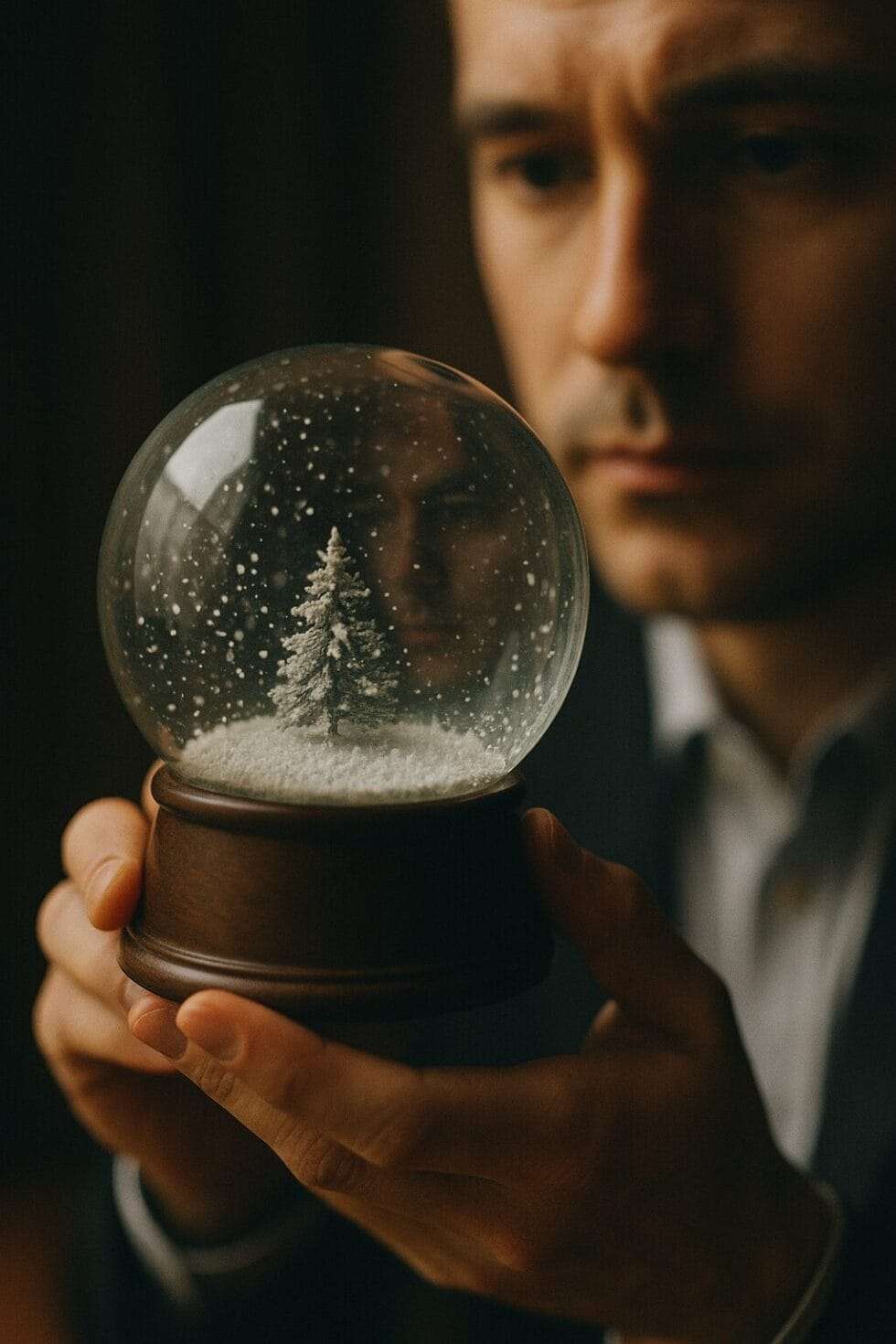 A leader’s reflection seen in a snow globe swirling with snow around a single tree, symbolizing inner stillness and emotional honesty beneath professional composure.