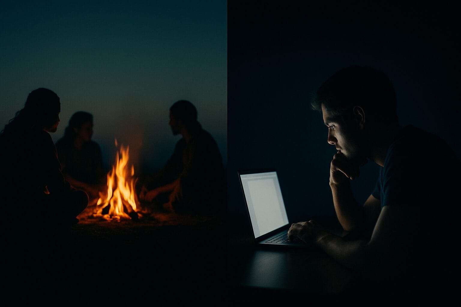 A split image showing people gathered around a fire at dusk beside a lone man lit by his laptop, symbolizing the shift from shared grieving to modern emotional isolation.