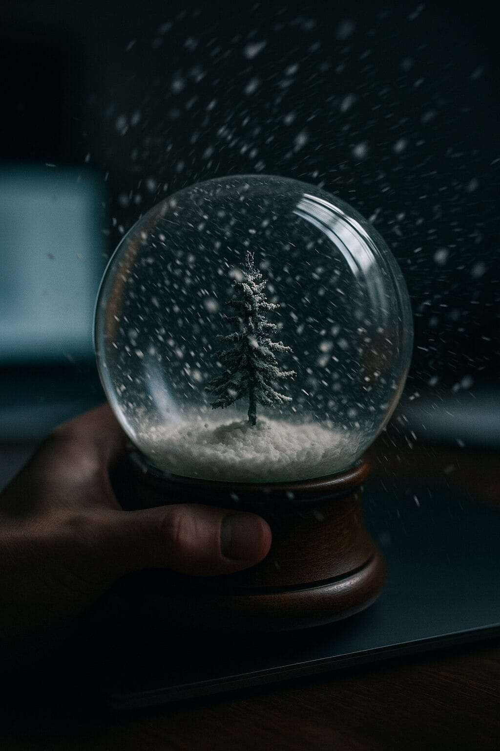 A close-up of a snow globe being shaken, snow swirling chaotically as a leader’s hand steadies it—symbolizing emotional disruption beneath control.