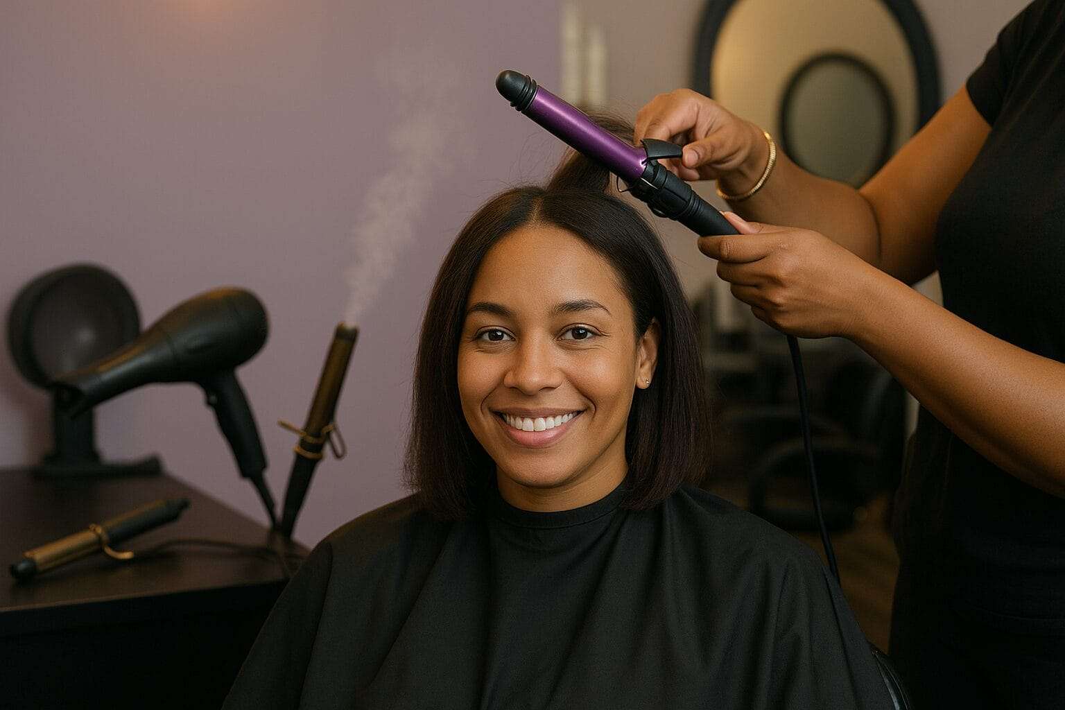 A smiling woman sits in a salon chair while a stylist uses a curling wand on her hair, with multiple hot tools steaming in the background — a soft visual mismatch that symbolizes how warm, sincere influencers can unintentionally promote damaging practices.