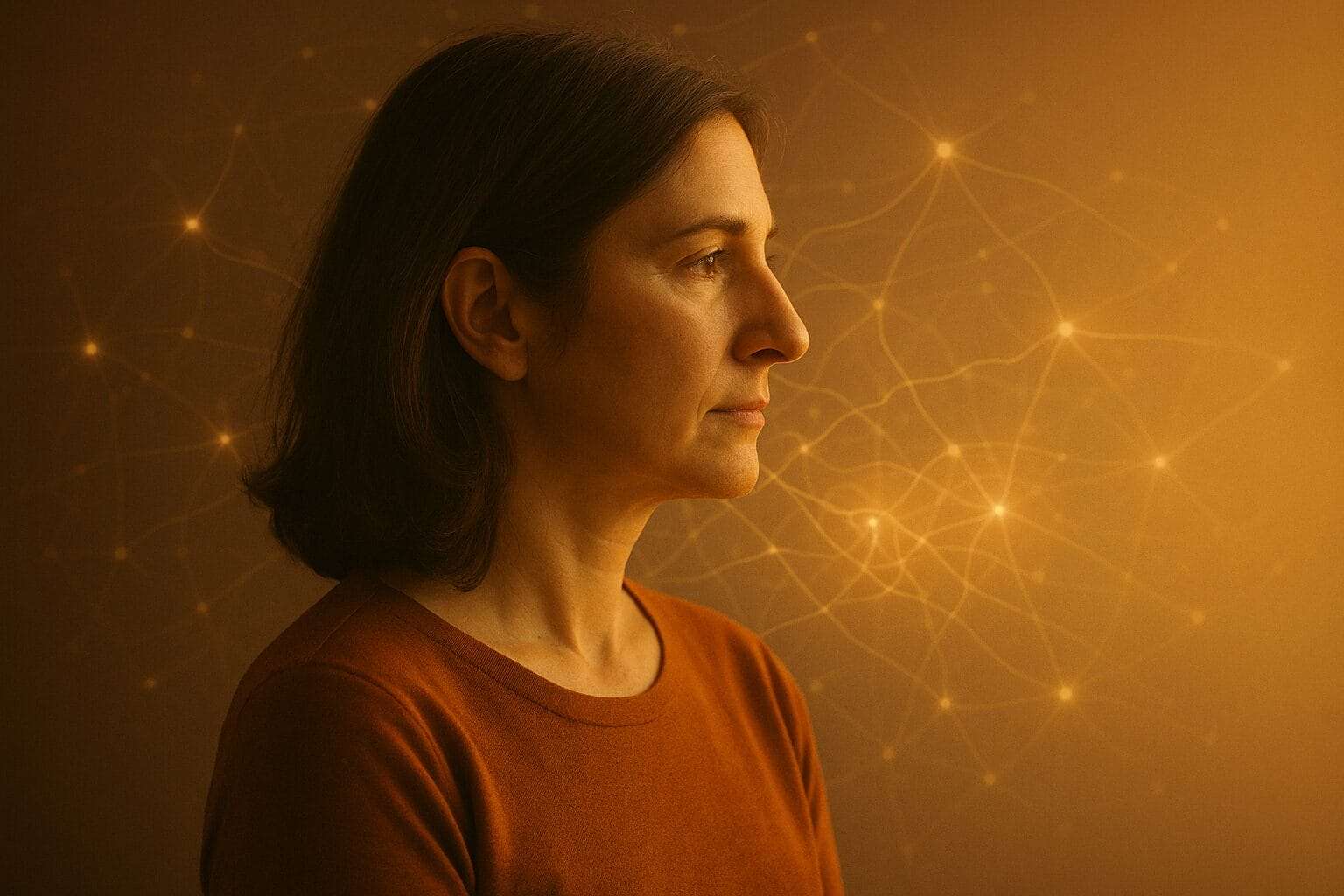 Profile of a mid-40s Indian-white woman softly lit in golden light with faint neural patterns surrounding her — symbolizing the body’s healing and calm that comes with forgiveness