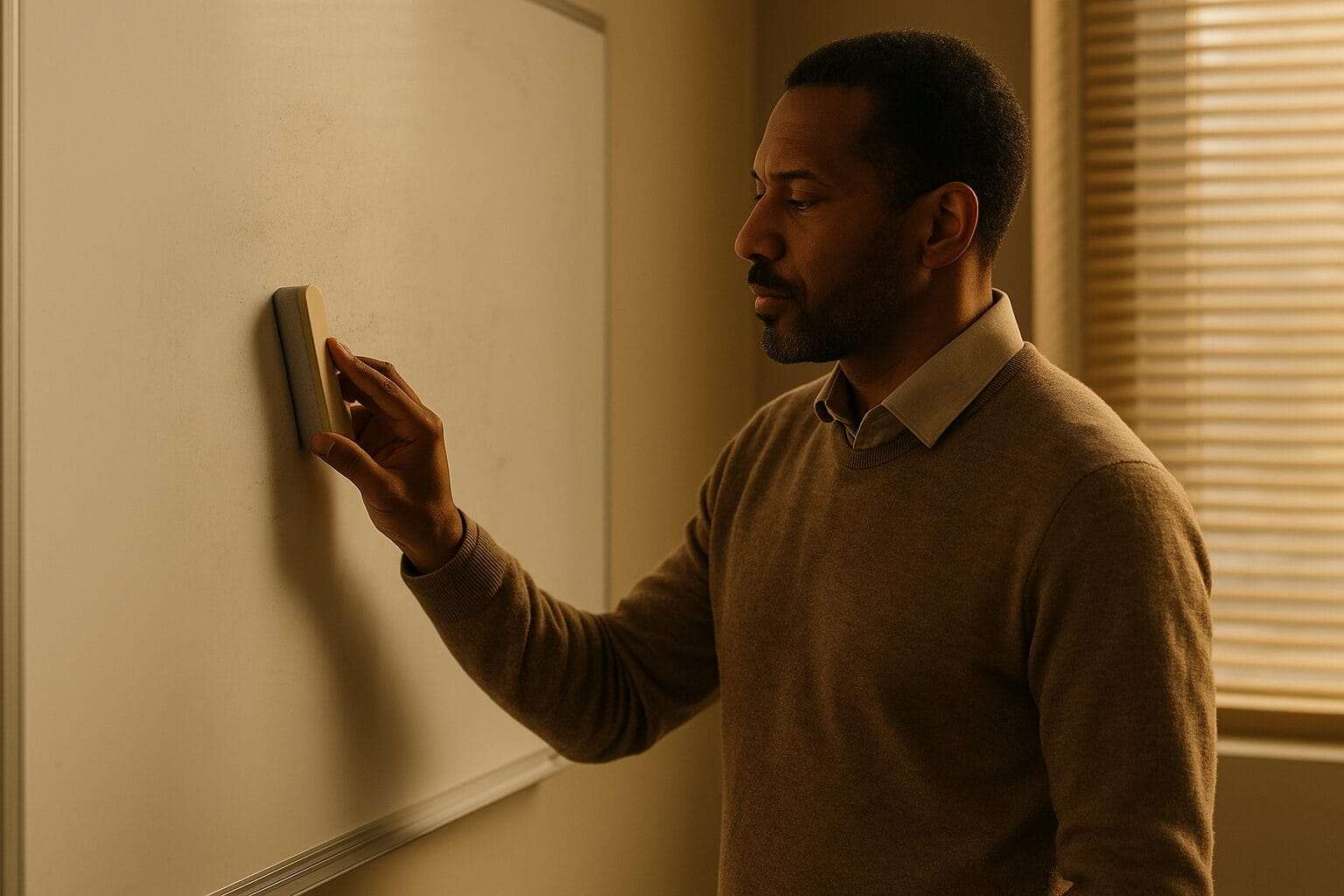 Afro-Latino man erasing a whiteboard in warm sunlight, symbolizing the act of releasing the past and regaining clarity.