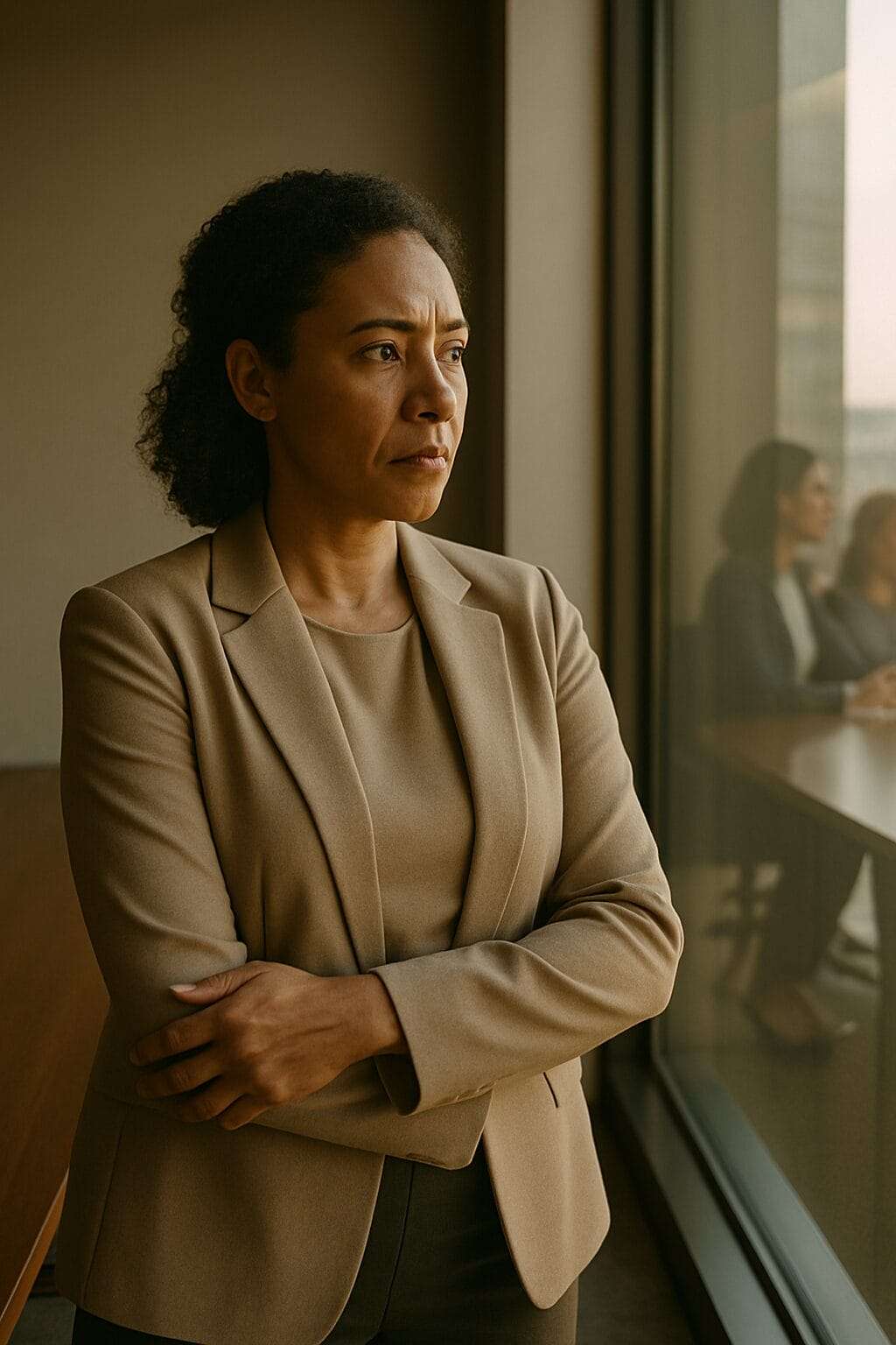 Afro-Latina leader standing apart from her blurred team in warm afternoon light — symbolizing the emotional distance created by distrust.