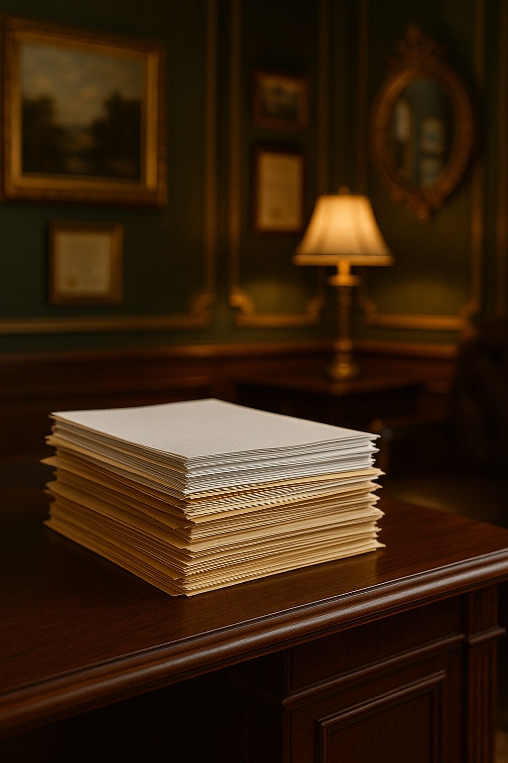 A stack of documents on a polished executive desk in a luxurious office, symbolizing the overwhelming responsibilities and hidden burden carried by high-functioning adults.