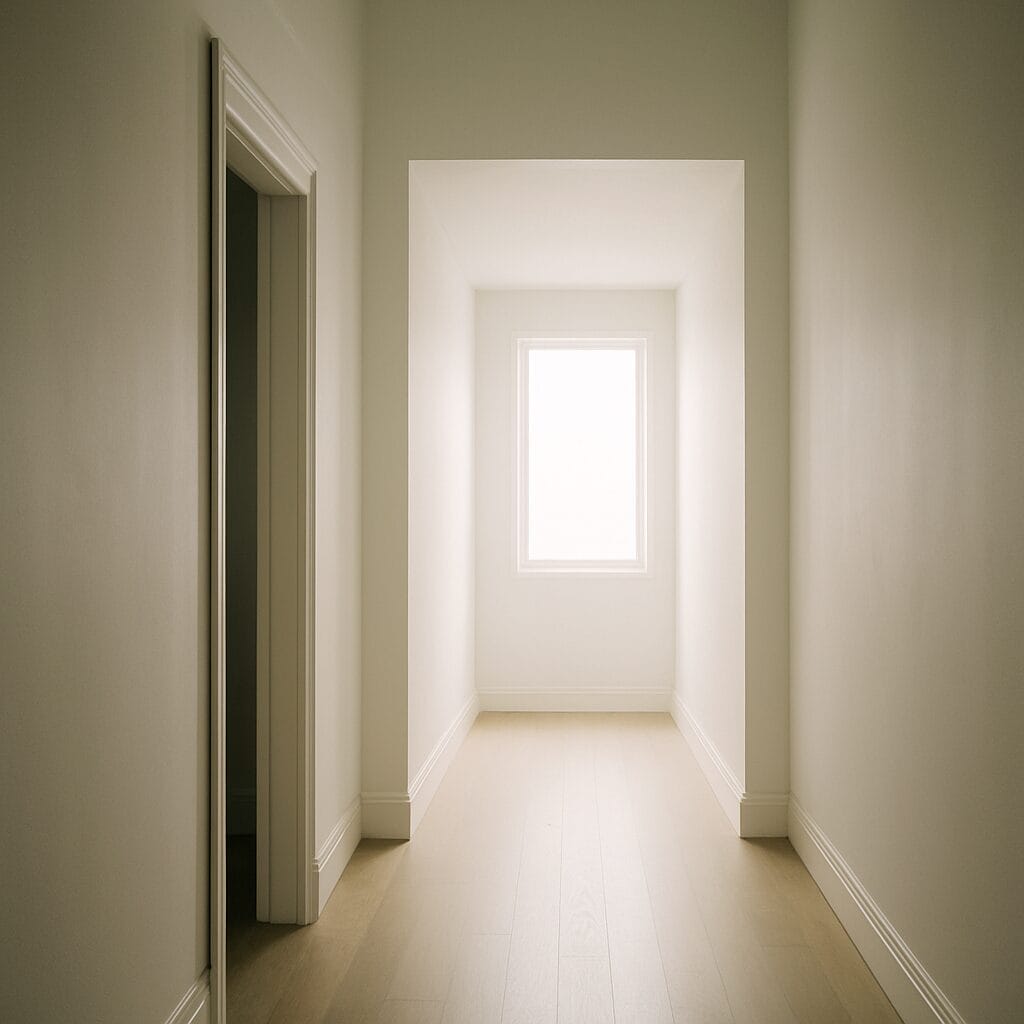 A minimalist hallway with clean lines, bright winter light at the end — empty, quiet, no objects.