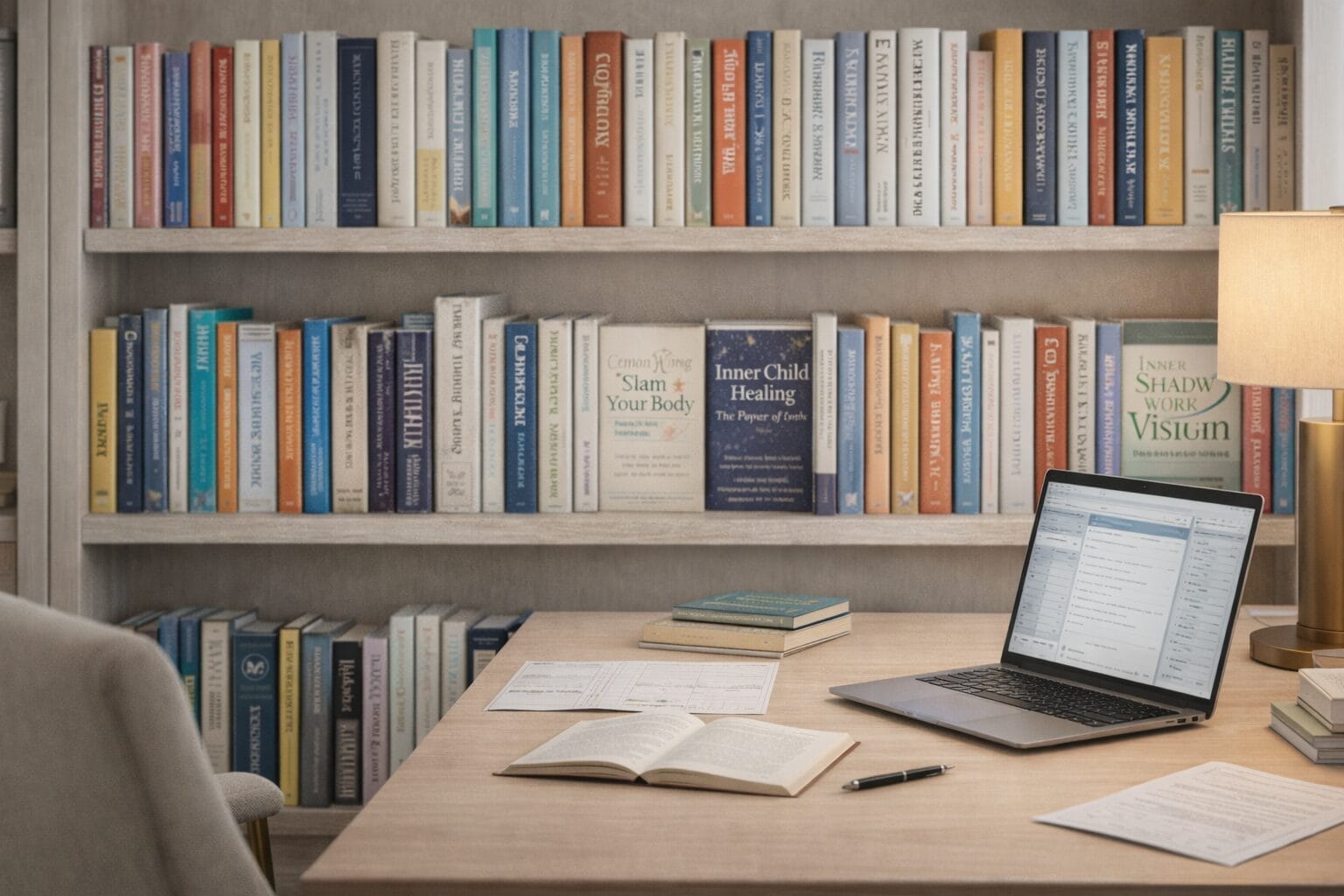 A home office with shelves of self-development books and a lightly staged desk, suggesting ongoing study without visible action.