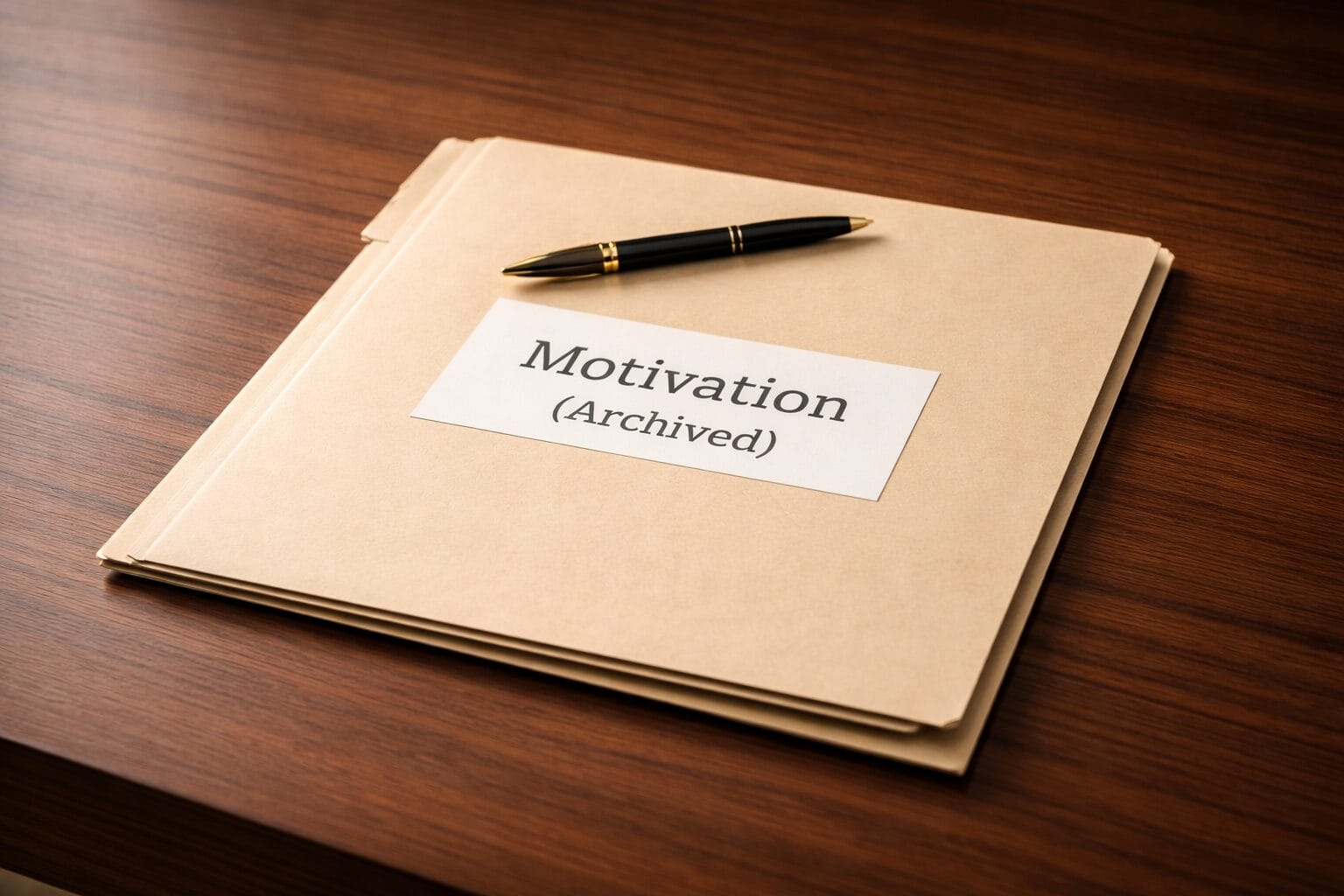 Beige file folder labeled “Motivation (Archived)” with a pen on top, resting on a dark wooden desk.