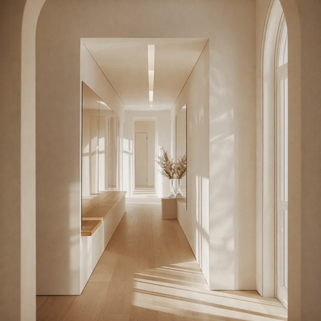 A quiet, minimalist hallway with clean lines and natural light, representing containment, clarity, and internal regulation.