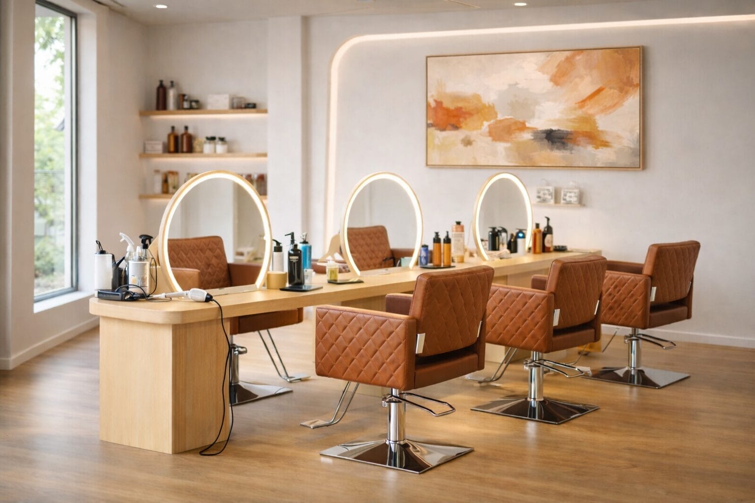Warm, organized hair salon interior with styled chairs, aligned products, and an abstract painting, representing structured leadership and authority without control.