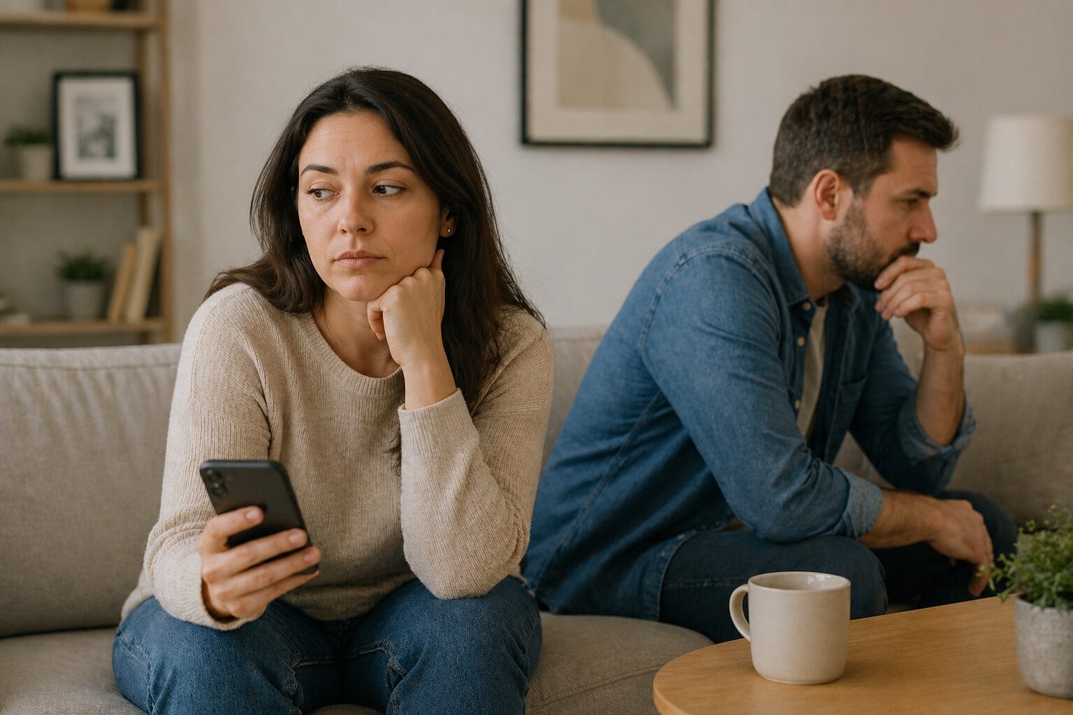 Woman looking at her phone and avoiding conversation while partner sits turned away, showing passive-aggressive communication and emotional withdrawal