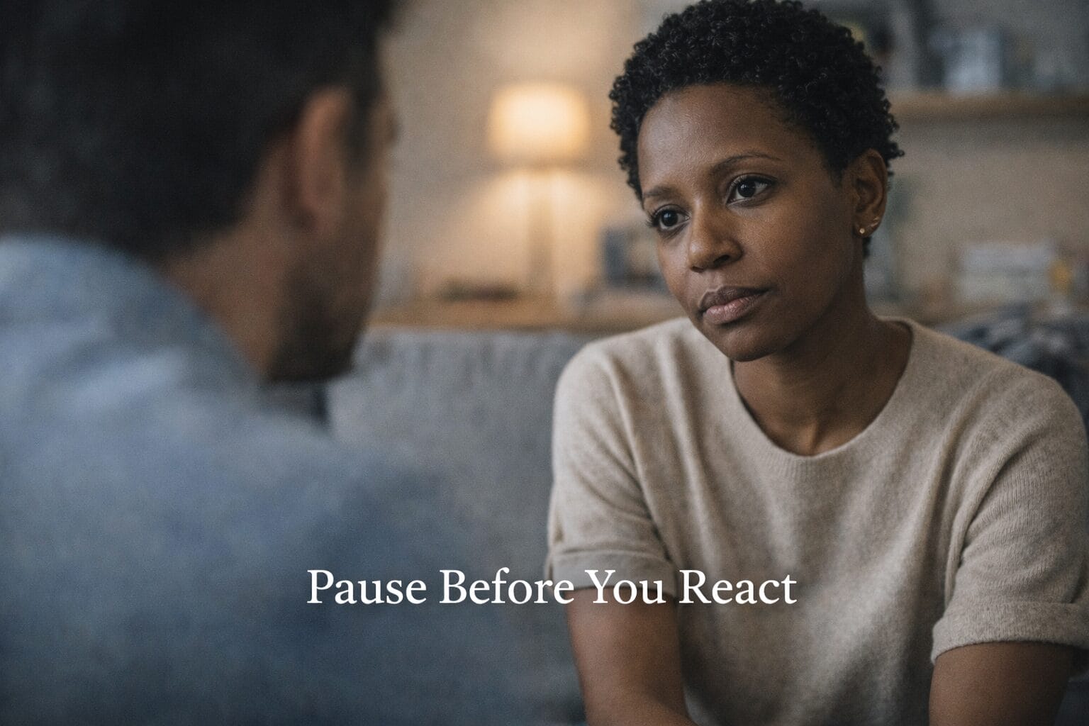 Woman pausing during a conversation, listening without reacting, showing emotional sobriety and self-control before responding