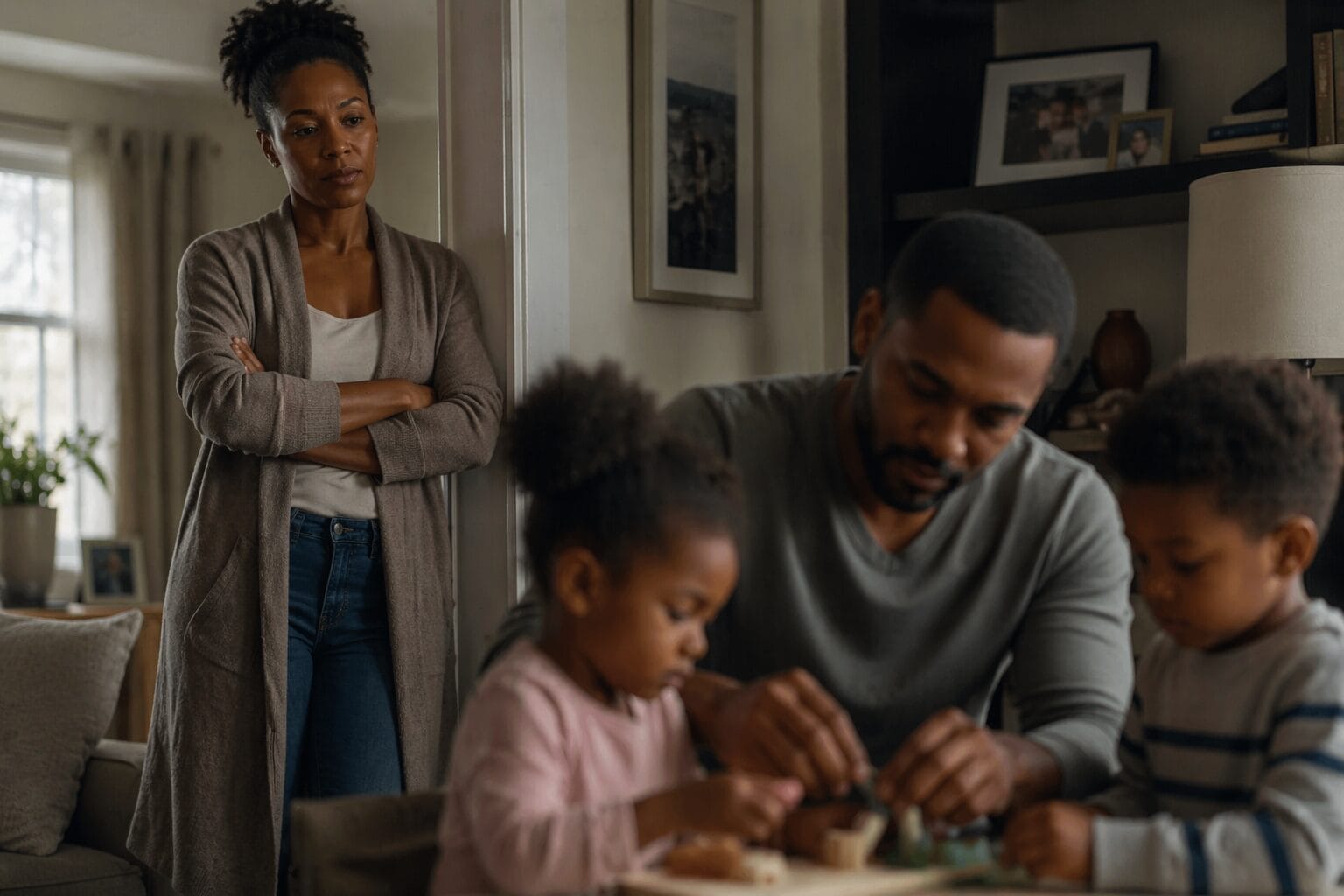 Woman standing in the background observing partner with children in a tense, evaluative way, illustrating emotional distance and subtle relationship control
