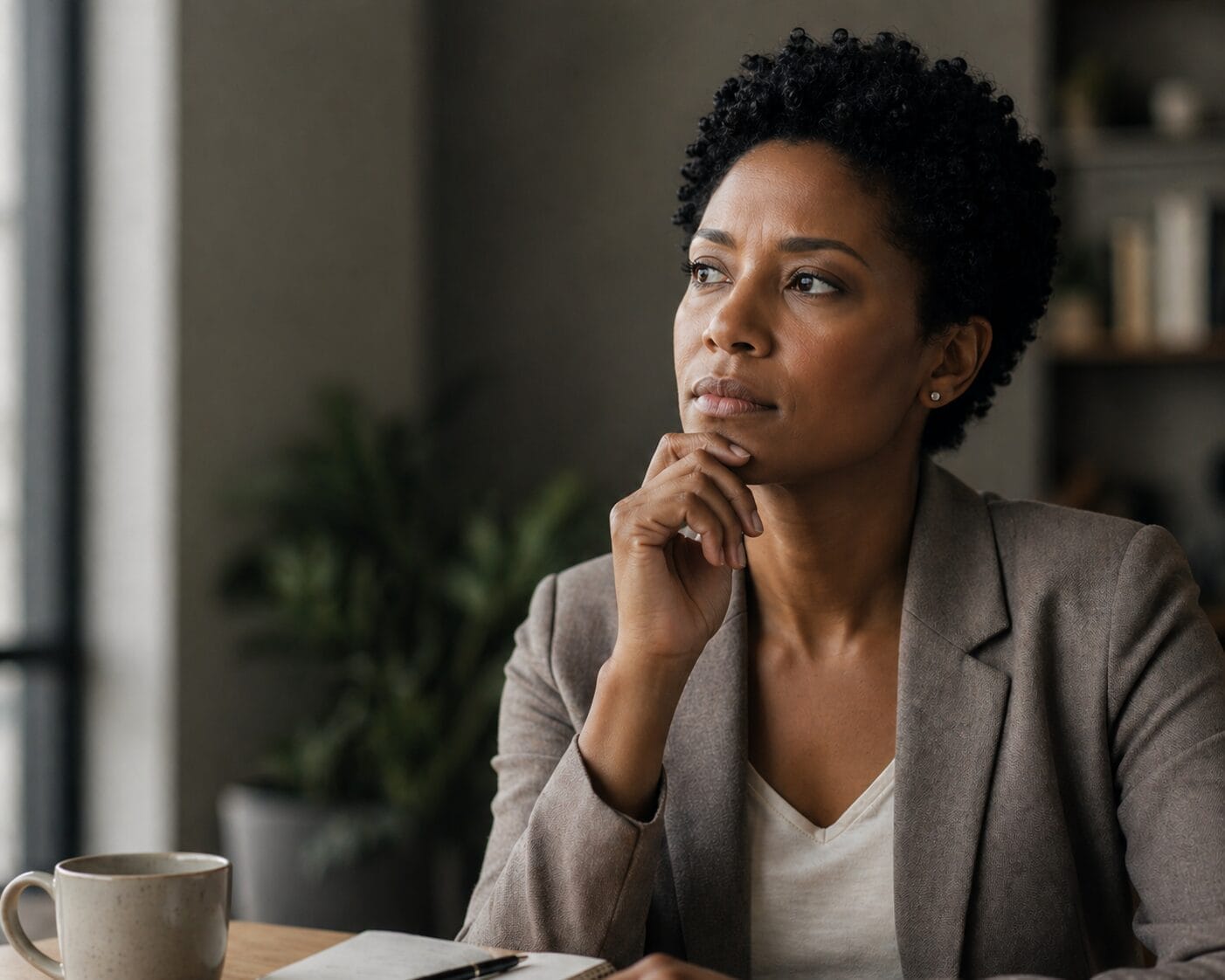 thoughtful professional reflecting calmly representing deeper understanding