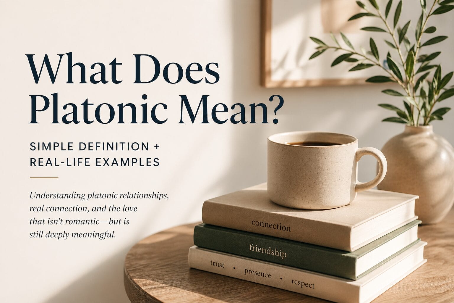 A clean, modern header image showing a coffee cup resting on stacked books labeled connection, friendship, trust, and respect—representing platonic relationships and emotional connection.