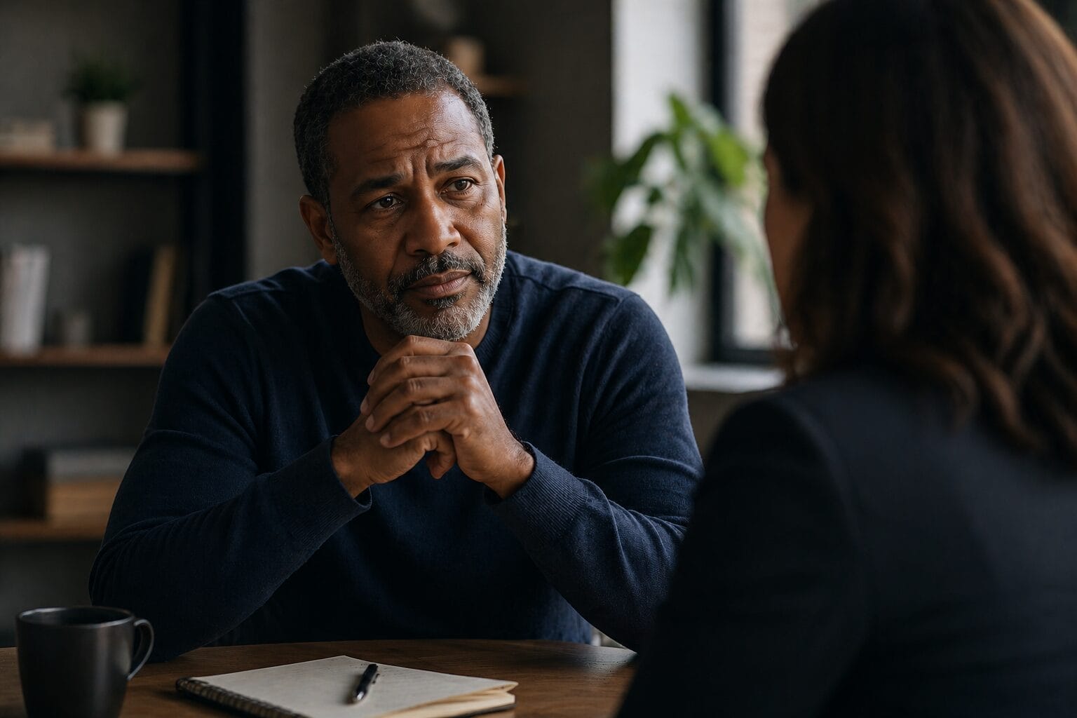 A leader pauses mid-conversation, reflecting before speaking—capturing the tension of asking better questions before engaging with others.